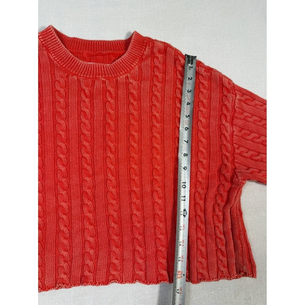 Aerie Women XL Coral Orange Cable Knit Cropped Sweater 100% Cotton Long Sleeve